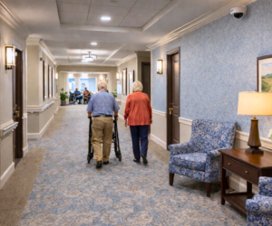 Senior couple walking down 