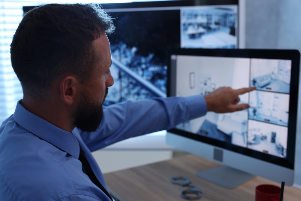 Man evaluates security of a facility from camera view on screen