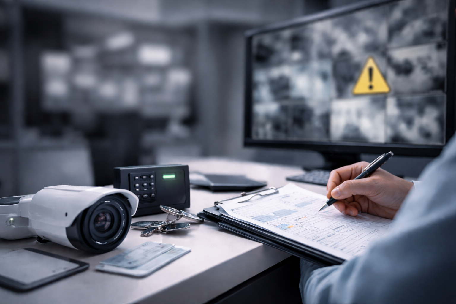Security professional reviewing access control and surveillance system setup on a clipboard in a commercial security office
