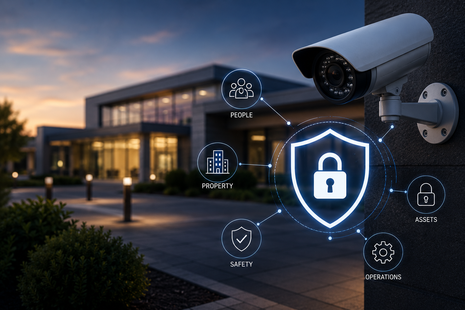 Modern commercial building protected by video surveillance and electronic security systems, featuring a security camera, digital shield icon, and visual representations of people, property, assets, safety, and operations.