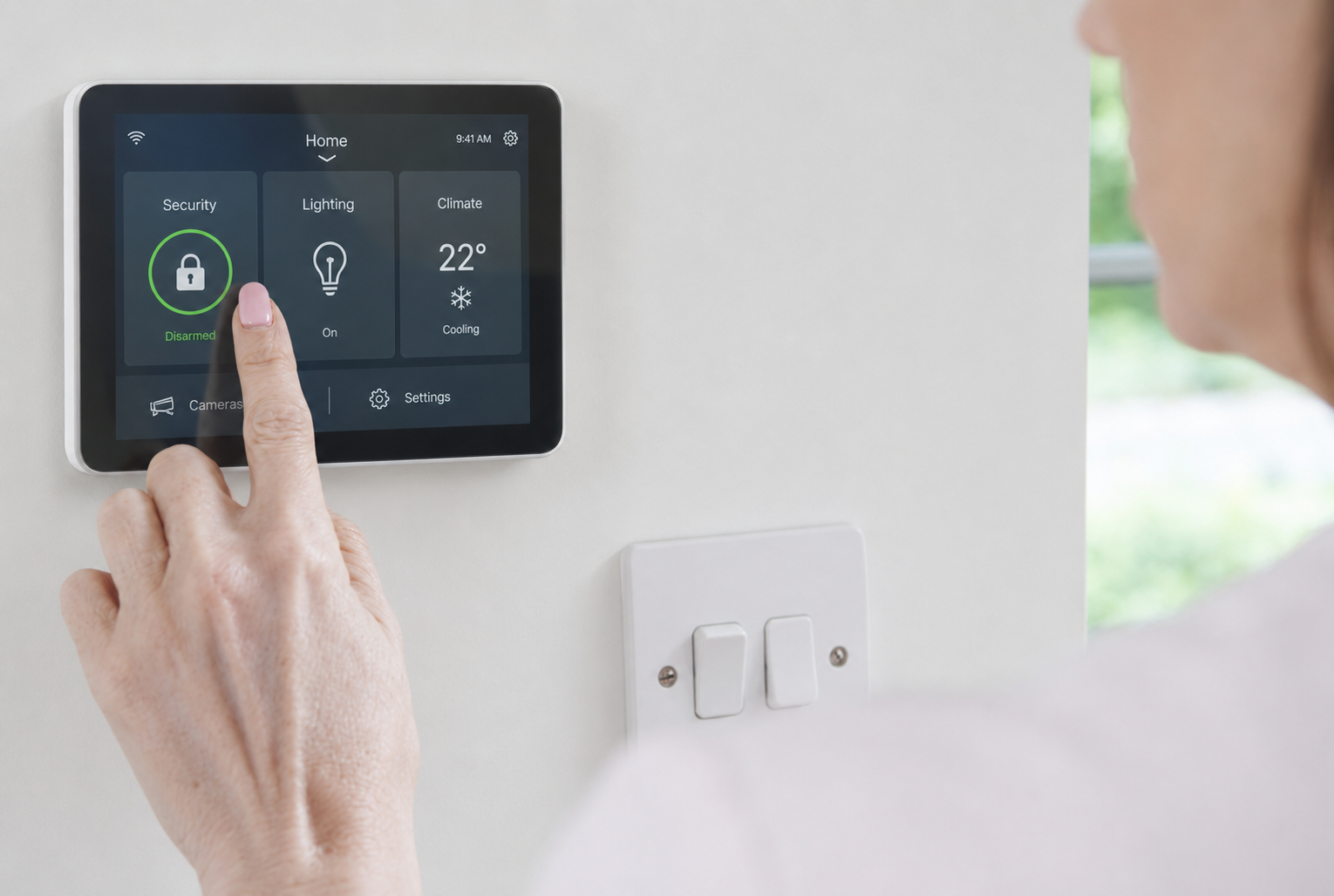 Person arming a home security system on a wall-mounted smart touchscreen panel.