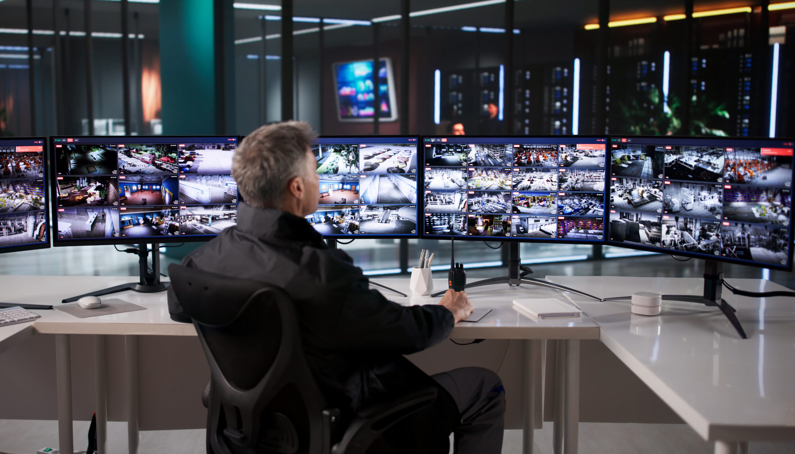 Professional monitoring operator reviewing multiple security camera feeds.