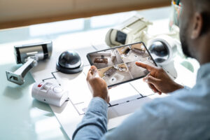 Home security consultant reviewing camera feeds and alarm devices on a tablet.